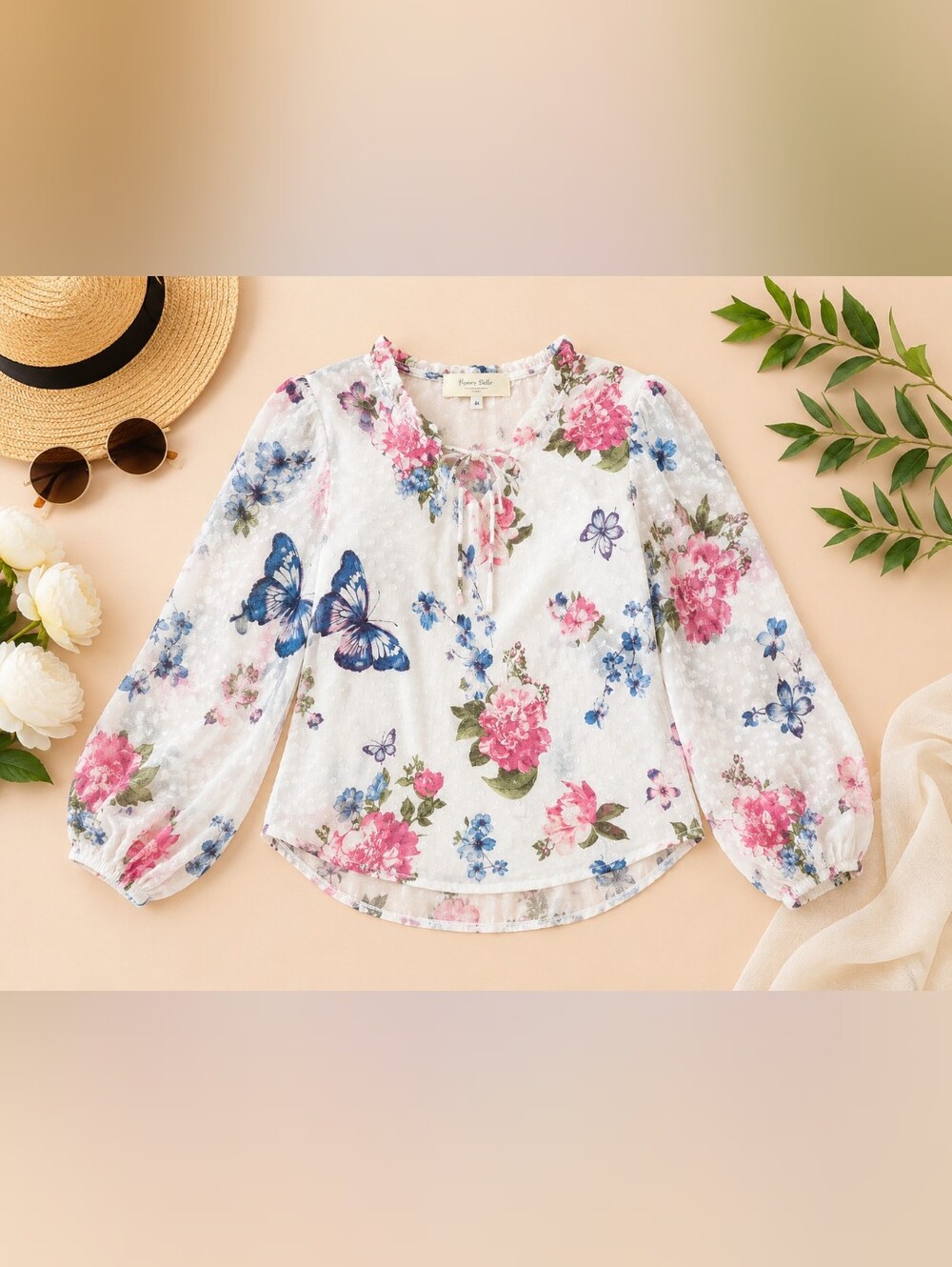 Sheer Floral Butterfly Blouse in White with Pink & Blue